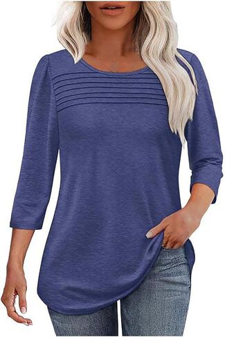 بلايز صيفية غير رسمية للسيدات مكشكشة بياقة دائرية وأكمام 3/4 طول فضفاضة تناسب الملابس الأنيقة وخفيفة الوزن in Saudi Arabia