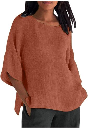 المرأة القطن الكتان Crewneck 3/4 طول كم Batwing فضفاضة تناسب القمم بلون الجانب سبليت قمصان غير رسمية الصيف in Saudi Arabia