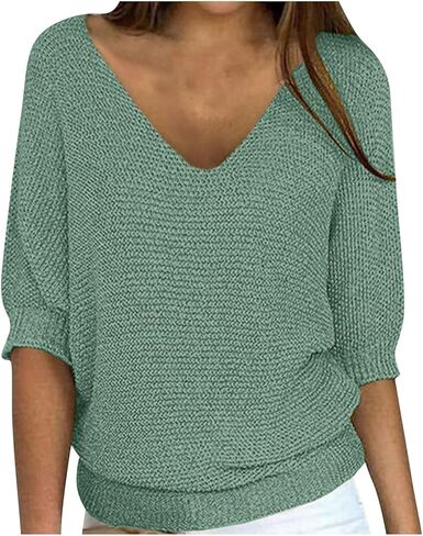 Womens V Neck 3/4 Length Sleeve Loose Fit Tops Casual Dressy Comfy Shirts Fashion Lightweight Office Work Blouses in Saudi Arabia