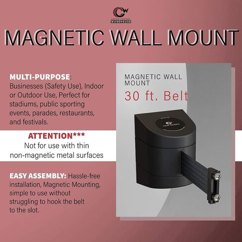 Crowd Control Warehouse - CCW Series WMB-230 Magnetic Wall Mount Retractable Belt Barrier - 30 Foot Belt, Red with"Caution - DO NOT Enter" White Letters Belt with Black ABS Case in Saudi Arabia