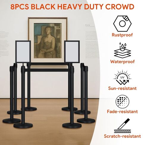 8 Pcs Crowd Control Stanchions Set, Stanchion Post Sign Holders with 8.2 ft Retractable Belt, Stainless Steel Control Barrier, Easy Connect Assembly, for Theaters, Parties, Exhibitions, Black in Kuwait