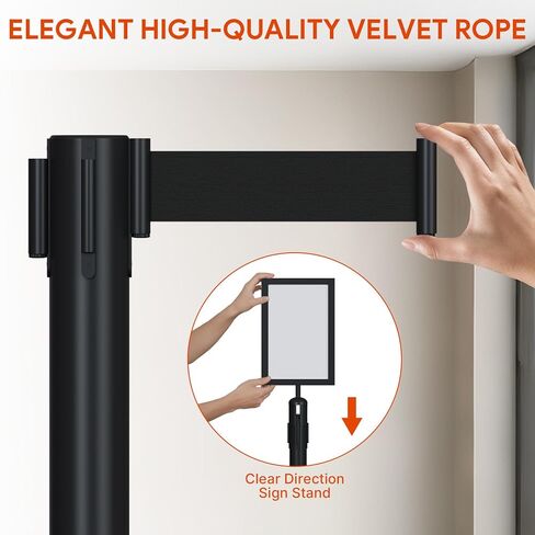 8 Pcs Crowd Control Stanchions Set, Stanchion Post Sign Holders with 8.2 ft Retractable Belt, Stainless Steel Control Barrier, Easy Connect Assembly, for Theaters, Parties, Exhibitions, Black in Kuwait