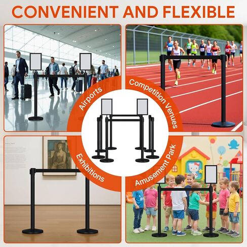 8 Pcs Crowd Control Stanchions Set, Stanchion Post Sign Holders with 8.2 ft Retractable Belt, Stainless Steel Control Barrier, Easy Connect Assembly, for Theaters, Parties, Exhibitions, Black in Kuwait