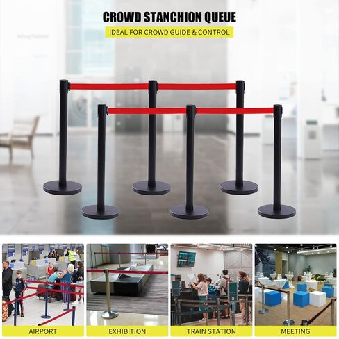 دعامة التحكم في الحشود، مجموعة مكونة من 6 قطع، مع حزام أحمر قابل للسحب بطول 6.6 قدم/2 متر، وحاجز للتحكم في الحشود من الفولاذ الأسود مع قاعدة مطاطية - مجموعة توصيل سهلة in Kuwait