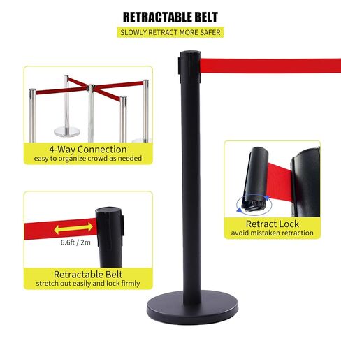دعامة التحكم في الحشود، مجموعة مكونة من 6 قطع، مع حزام أحمر قابل للسحب بطول 6.6 قدم/2 متر، وحاجز للتحكم في الحشود من الفولاذ الأسود مع قاعدة مطاطية - مجموعة توصيل سهلة in Kuwait