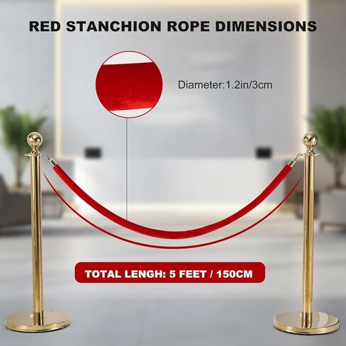 4 قطع من حبل الدعامة المخملية، تحكم في الحشود بطول 5 أقدام مع مشابك فضية، حواجز أمان في قائمة الانتظار من الإسفنج لمناسبات الحفلات والسجاد الأحمر - خطاف ذهبي in Kuwait