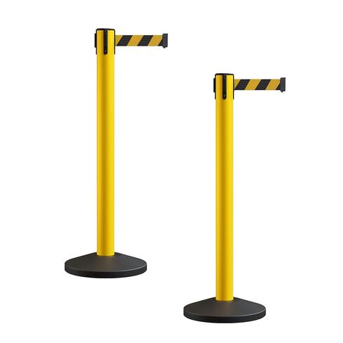 Crowd Control Warehouse CCW Series RBB-150 - مجموعة من 2 حواجز حزام قابلة للسحب - 16 قدم، حزام قطري باللونين الأسود والأصفر مع عمود أصفر - سهولة التجميع in Saudi Arabia