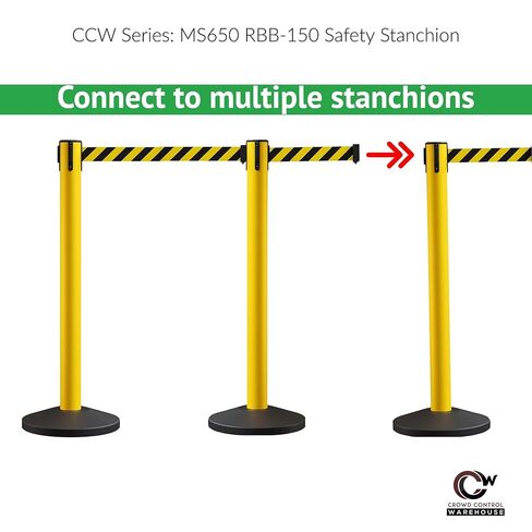 Crowd Control Warehouse CCW Series RBB-150 - مجموعة من 2 حواجز حزام قابلة للسحب - 16 قدم، حزام قطري باللونين الأسود والأصفر مع عمود أصفر - سهولة التجميع in Saudi Arabia
