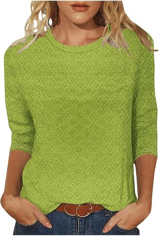 Women's Plaid Printed Tops Crewneck 3/4 Length Sleeve Solid Color Shirts Loose Casual Dressy Buisness Work Blouses in Saudi Arabia