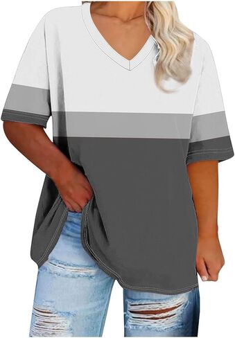 Aymnlox Womens Color Block Stripe Tops Short Half Sleeve Loose Fit Shirts V Neck Casual Soft Blouses Summer Basic Tshirts in Saudi Arabia