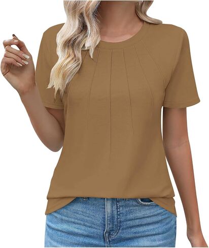Aymnlox Womens T-Shirt Short Sleeve Pleated Tops Dressy Casual Crewneck Summer Shirts Solid Soft Tunic Vocation Blouses in Saudi Arabia