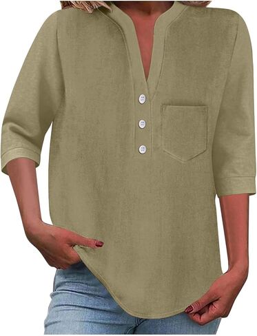 Aymnlox Womens Cotton Tops Button Down 3/4 Length Sleeve Loose Shirts Dressy V Neck Casual Business Work Fashion Blouses in Saudi Arabia
