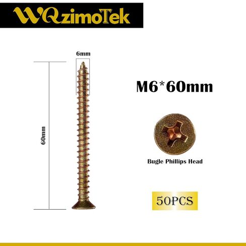 50PCS Flat Head Phillips M6×60mm Carbon Steel Yellow Zinc Plated Wood Screws for Wall Panels Wood & DIY Projects in Saudi Arabia