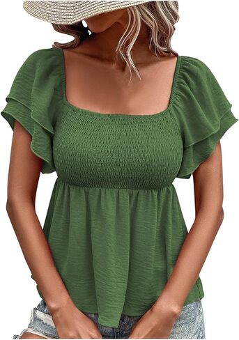 Womens Puff Sleeve Smocked Peplum Babydoll Tops Pleated Square Neck Casual Flowy Shirts for Date Night Summer Beach in Saudi Arabia