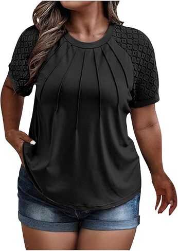 Womens Plus Size Tops Ruched Puff Sleeve Crewneck Cotton Shirts Oversized Casual Loose Blouse Cute Vacation Outfits in Saudi Arabia