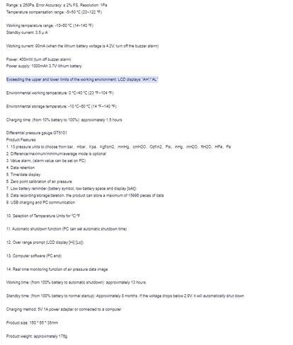 GT5101 ± 250Pa مقياس الضغط المحمول ثنائي المنفذ جهاز اختبار ضغط الغاز مقياس ضغط الهواء مقياس الضغط الرقمي in Kuwait