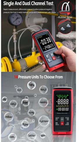 GT5101 ± 250Pa مقياس الضغط المحمول ثنائي المنفذ جهاز اختبار ضغط الغاز مقياس ضغط الهواء مقياس الضغط الرقمي in Kuwait