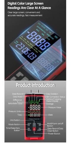 GT5101 ± 250Pa مقياس الضغط المحمول ثنائي المنفذ جهاز اختبار ضغط الغاز مقياس ضغط الهواء مقياس الضغط الرقمي in Kuwait