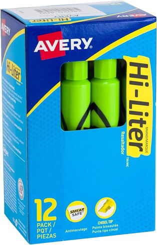 أقلام تحديد على شكل مكتب من AVERY Hi-Liter، حبر آمن للتلطيخ، طرف إزميل، 12 قلم تحديد أخضر فلورسنت (24020) in Saudi Arabia