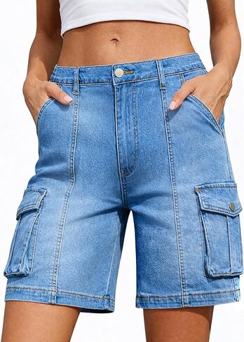 ELLEVEN Bermuda Cargo Shorts Women, Elastic High Waist 6 Pockets Shorts 7 Inch Inseam Summer Jorts for Women Casual in Kuwait