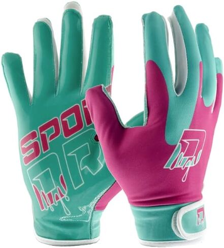 Football Receiver Gloves, Youth and Adult Sizes, Teal/Pink, Breathable Mesh, Adjustable Cuff, Sticky Grip Palm, for Young Athletes in Kuwait