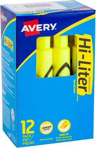 أقلام تحديد على شكل مكتب من AVERY Hi-Liter، حبر آمن للتلطيخ، طرف إزميل، 12 قلم تحديد أصفر فلورسنت (24000) in Saudi Arabia