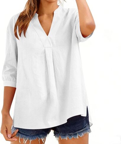 Linen Shirts for Women Trendy V-Neck 3/4 Sleeve Tops Loose Fit Casual Lightweight Blouses Summer Clothes 2026 in Saudi Arabia