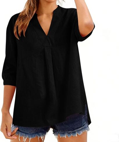 Linen Shirts for Women Trendy V-Neck 3/4 Sleeve Tops Loose Fit Casual Lightweight Blouses Summer Clothes 2026 in Saudi Arabia