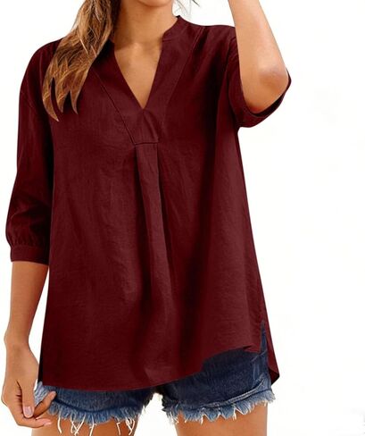 Linen Shirts for Women Trendy V-Neck 3/4 Sleeve Tops Loose Fit Casual Lightweight Blouses Summer Clothes 2026 in Saudi Arabia