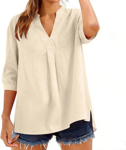 Linen Shirts for Women Trendy V-Neck 3/4 Sleeve Tops Loose Fit Casual Lightweight Blouses Summer Clothes 2026 in Saudi Arabia