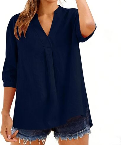 Linen Shirts for Women Trendy V-Neck 3/4 Sleeve Tops Loose Fit Casual Lightweight Blouses Summer Clothes 2026 in Saudi Arabia