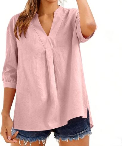 Linen Shirts for Women Trendy V-Neck 3/4 Sleeve Tops Loose Fit Casual Lightweight Blouses Summer Clothes 2026 in Saudi Arabia
