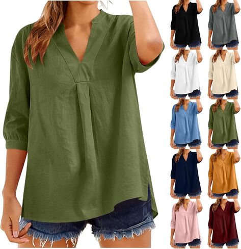 Linen Shirts for Women Trendy V-Neck 3/4 Sleeve Tops Loose Fit Casual Lightweight Blouses Summer Clothes 2026 in Saudi Arabia