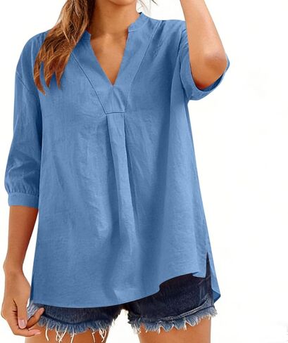 Linen Shirts for Women Trendy V-Neck 3/4 Sleeve Tops Loose Fit Casual Lightweight Blouses Summer Clothes 2026 in Saudi Arabia
