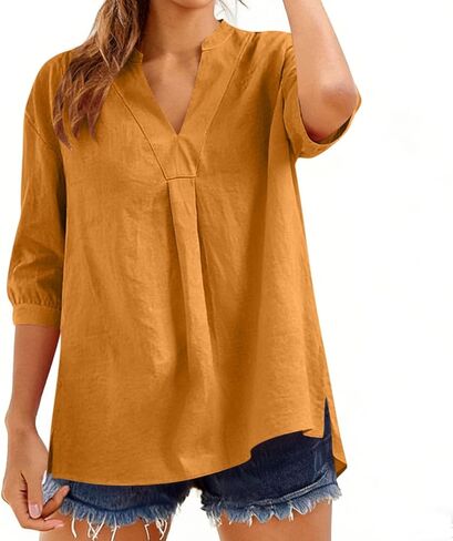 Linen Shirts for Women Trendy V-Neck 3/4 Sleeve Tops Loose Fit Casual Lightweight Blouses Summer Clothes 2026 in Saudi Arabia