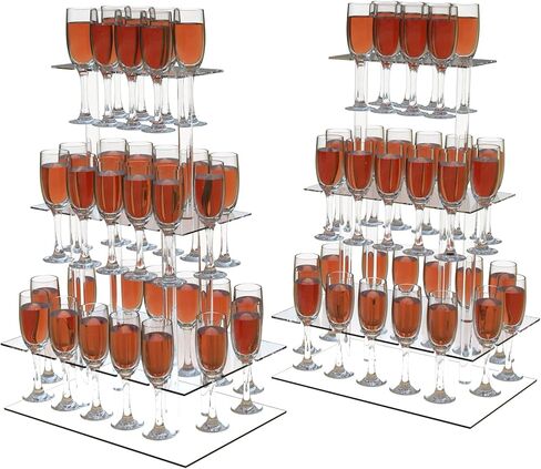 برج الشمبانيا، حامل عرض الشمبانيا الأكريليك المستطيل مع 32 فتحة، حامل فلوت الشمبانيا ذو 3 طبقات للحفلات وحفلات الزفاف، 17.3 × 11.8 × 25.5 بوصة in Kuwait