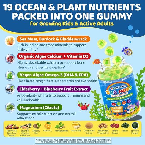 طحالب البحر + علكات نبات البلسان للأطفال والكبار، 19 في 1 طعام ممتاز مع سبيرولينا، طحالب أوميجا 3، طحالب كالسيوم، أشواغاندا، فطر، فيتامينات د3، سي للمناعة، الأمعاء، العظام، الطاقة، الدماغ، نباتي 60 قطعة in Kuwait