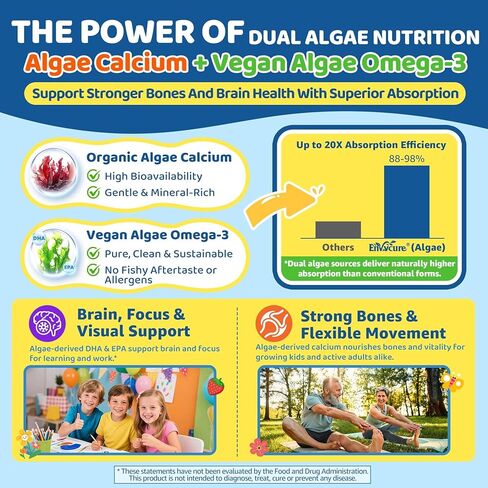 طحالب البحر + علكات نبات البلسان للأطفال والكبار، 19 في 1 طعام ممتاز مع سبيرولينا، طحالب أوميجا 3، طحالب كالسيوم، أشواغاندا، فطر، فيتامينات د3، سي للمناعة، الأمعاء، العظام، الطاقة، الدماغ، نباتي 60 قطعة in Kuwait
