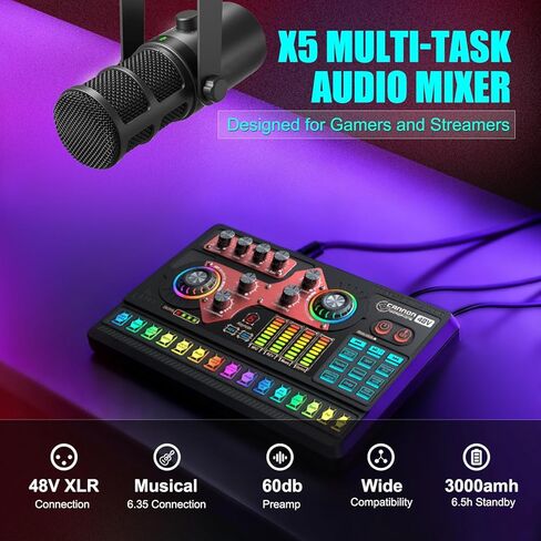 X5 Gaming Audio Mixer، واجهة صوت 3000 مللي أمبير في الساعة للكمبيوتر الشخصي، لوحة الصوت المتدفقة، XLR، مدخل ميكروفون 48 فولت، بطاقة صوت حية مبدل صوت مع تأثيرات DJ Mixer (أسود) in Saudi Arabia