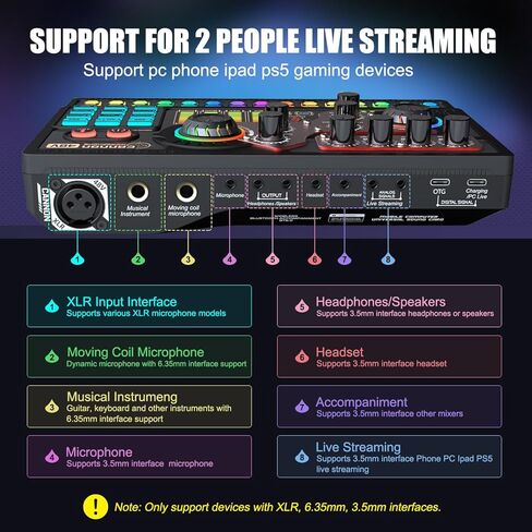 X5 Gaming Audio Mixer، واجهة صوت 3000 مللي أمبير في الساعة للكمبيوتر الشخصي، لوحة الصوت المتدفقة، XLR، مدخل ميكروفون 48 فولت، بطاقة صوت حية مبدل صوت مع تأثيرات DJ Mixer (أسود) in Saudi Arabia