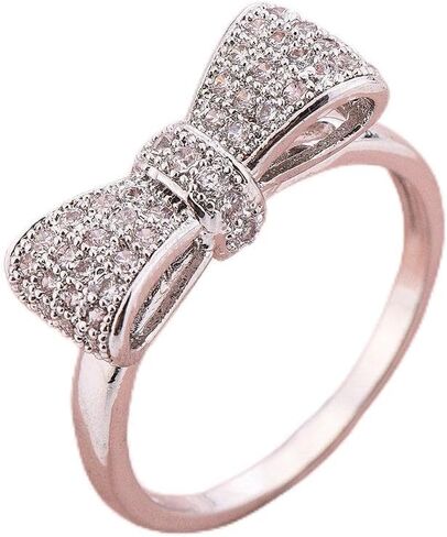 Fashion 925 Sterling Silver Women's Ring Shiny Bow-Knot Zircon Full Diamond Princess Ring Propose Engagement Wedding Band Gemstone Ring Cocktail Christmas Party Crystal Hollow Ring HM245 (7) in Kuwait