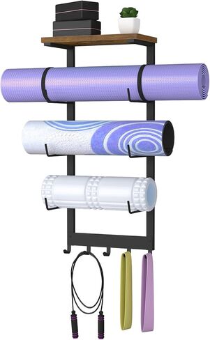 Yoga Mat Holder Wall Mount, Yoga Mats Storage Rack, Home Gym Wall Organizer Holder with Wood Floating Shelf and 5 Hooks, Storage Rack for Hanging Foam Roller/Band/Workout Equipment, Black in Kuwait