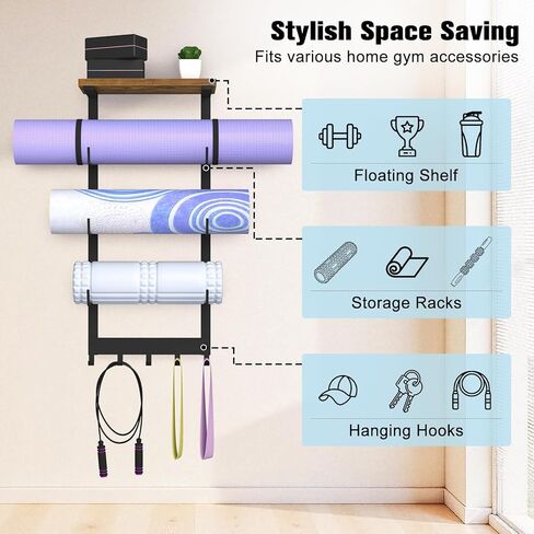 Yoga Mat Holder Wall Mount, Yoga Mats Storage Rack, Home Gym Wall Organizer Holder with Wood Floating Shelf and 5 Hooks, Storage Rack for Hanging Foam Roller/Band/Workout Equipment, Black in Kuwait