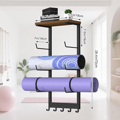 Yoga Mat Holder Wall Mount, Yoga Mats Storage Rack, Home Gym Wall Organizer Holder with Wood Floating Shelf and 5 Hooks, Storage Rack for Hanging Foam Roller/Band/Workout Equipment, Black in Kuwait