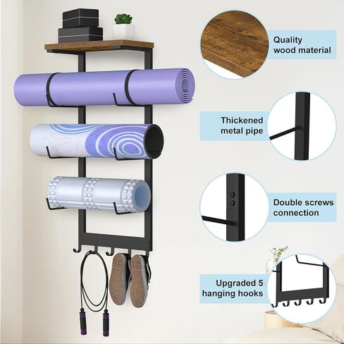 Yoga Mat Holder Wall Mount, Yoga Mats Storage Rack, Home Gym Wall Organizer Holder with Wood Floating Shelf and 5 Hooks, Storage Rack for Hanging Foam Roller/Band/Workout Equipment, Black in Kuwait