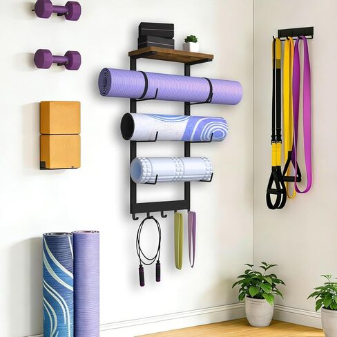 Yoga Mat Holder Wall Mount, Yoga Mats Storage Rack, Home Gym Wall Organizer Holder with Wood Floating Shelf and 5 Hooks, Storage Rack for Hanging Foam Roller/Band/Workout Equipment, Black in Kuwait