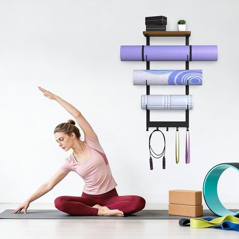 Yoga Mat Holder Wall Mount, Yoga Mats Storage Rack, Home Gym Wall Organizer Holder with Wood Floating Shelf and 5 Hooks, Storage Rack for Hanging Foam Roller/Band/Workout Equipment, Black in Kuwait