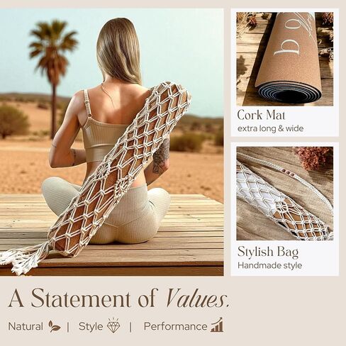 Premium Cork Yoga Mat Large 72"x26" – 5mm Thick Natural Rubber Cushioning - Non Slip Grip for Hot Yoga - Non-toxic & Odor-free - Stylish Alignment Lines & Elegant Boho Yoga Bag in Saudi Arabia