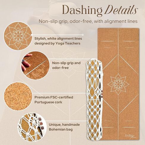 Premium Cork Yoga Mat Large 72"x26" – 5mm Thick Natural Rubber Cushioning - Non Slip Grip for Hot Yoga - Non-toxic & Odor-free - Stylish Alignment Lines & Elegant Boho Yoga Bag in Saudi Arabia