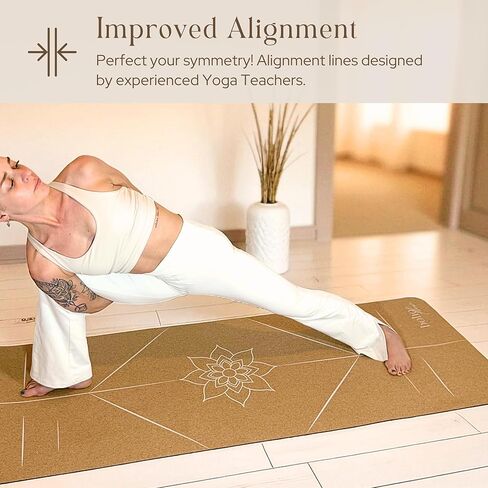 Premium Cork Yoga Mat Large 72"x26" – 5mm Thick Natural Rubber Cushioning - Non Slip Grip for Hot Yoga - Non-toxic & Odor-free - Stylish Alignment Lines & Elegant Boho Yoga Bag in Saudi Arabia